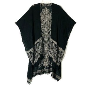 American Eagle Long Bohemian Fringed Paisley Black Kimono Cardigan One Size